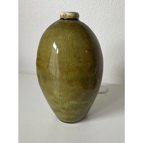 Signed Abique Earthenware Green Tall Heavy Vase Hand Made Signed
